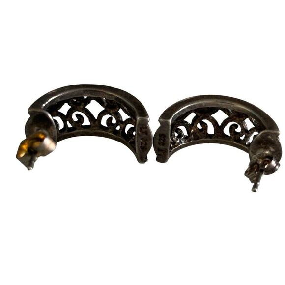 Sterling Silver Half Hoop Pierced Scroll Earrings Drop Signed Artisian Vintage - Picture 6 of 11